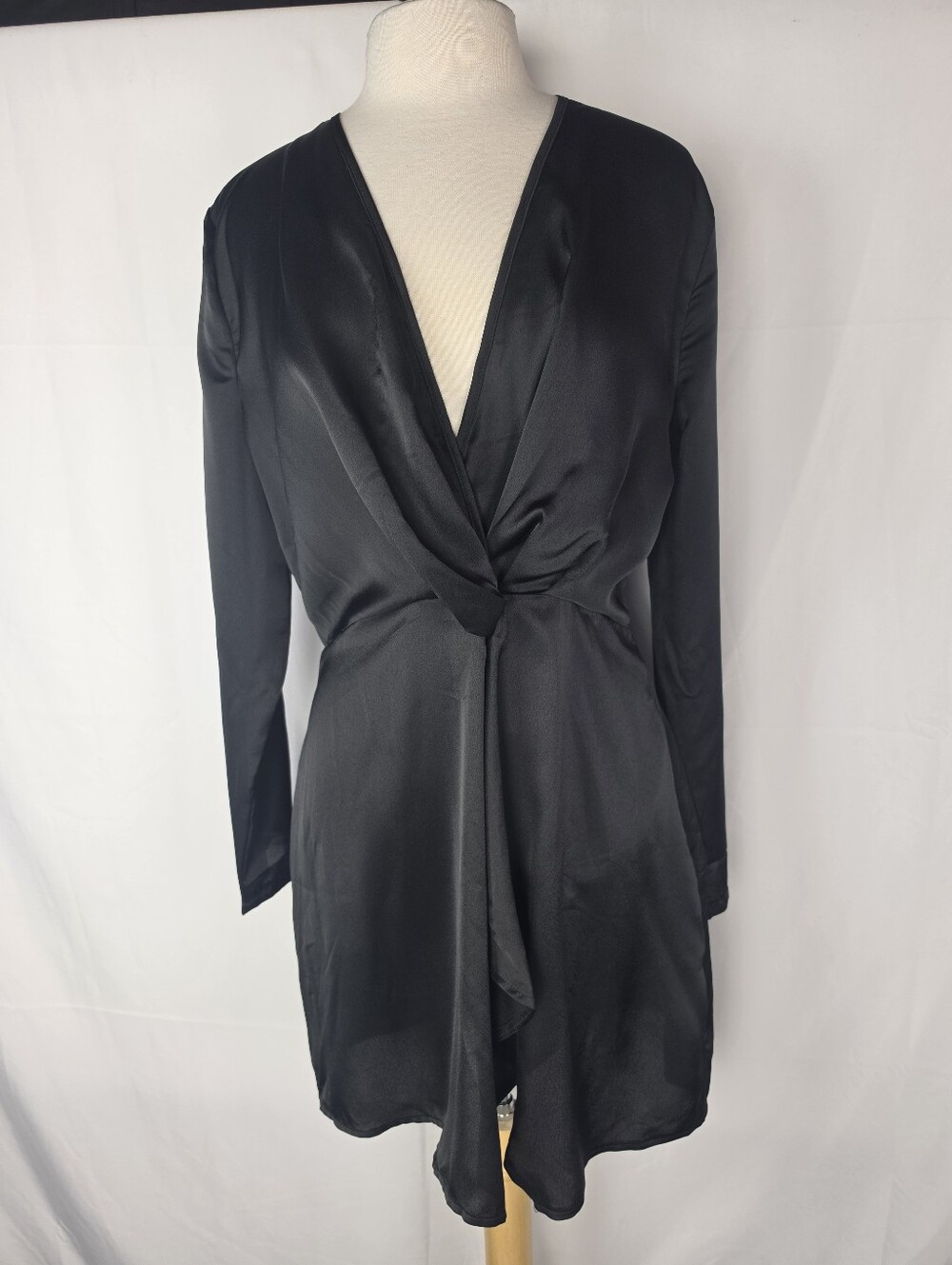 PrettyLittleThing Black Satin Long Sleeve Wrap Dress SIZE US12 Cocktail LBD